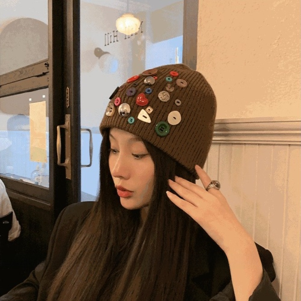 Colorful Button Beanie Hat Irr - огляд і ціна Beanie Cuffed Knit